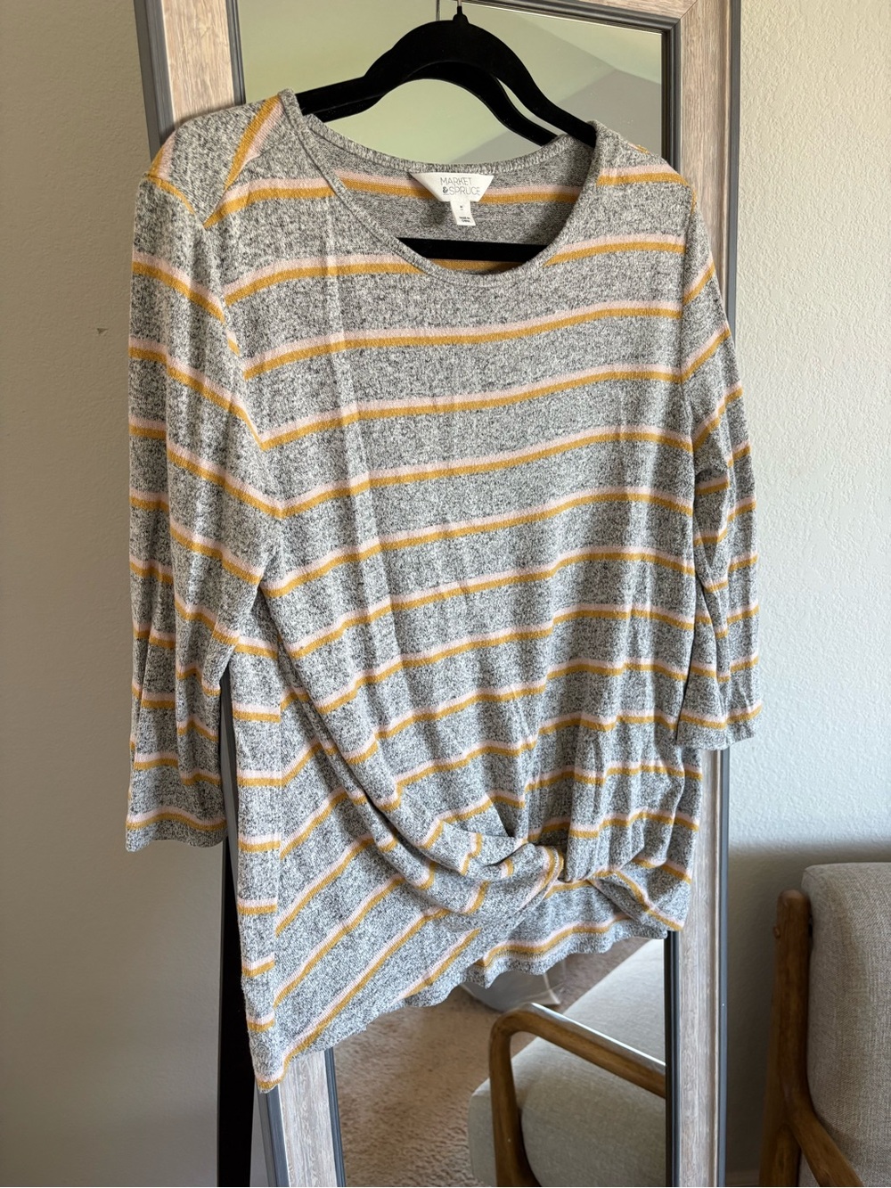 Market & Spruce Gray and Mustard Striped Knot-Front Tunic